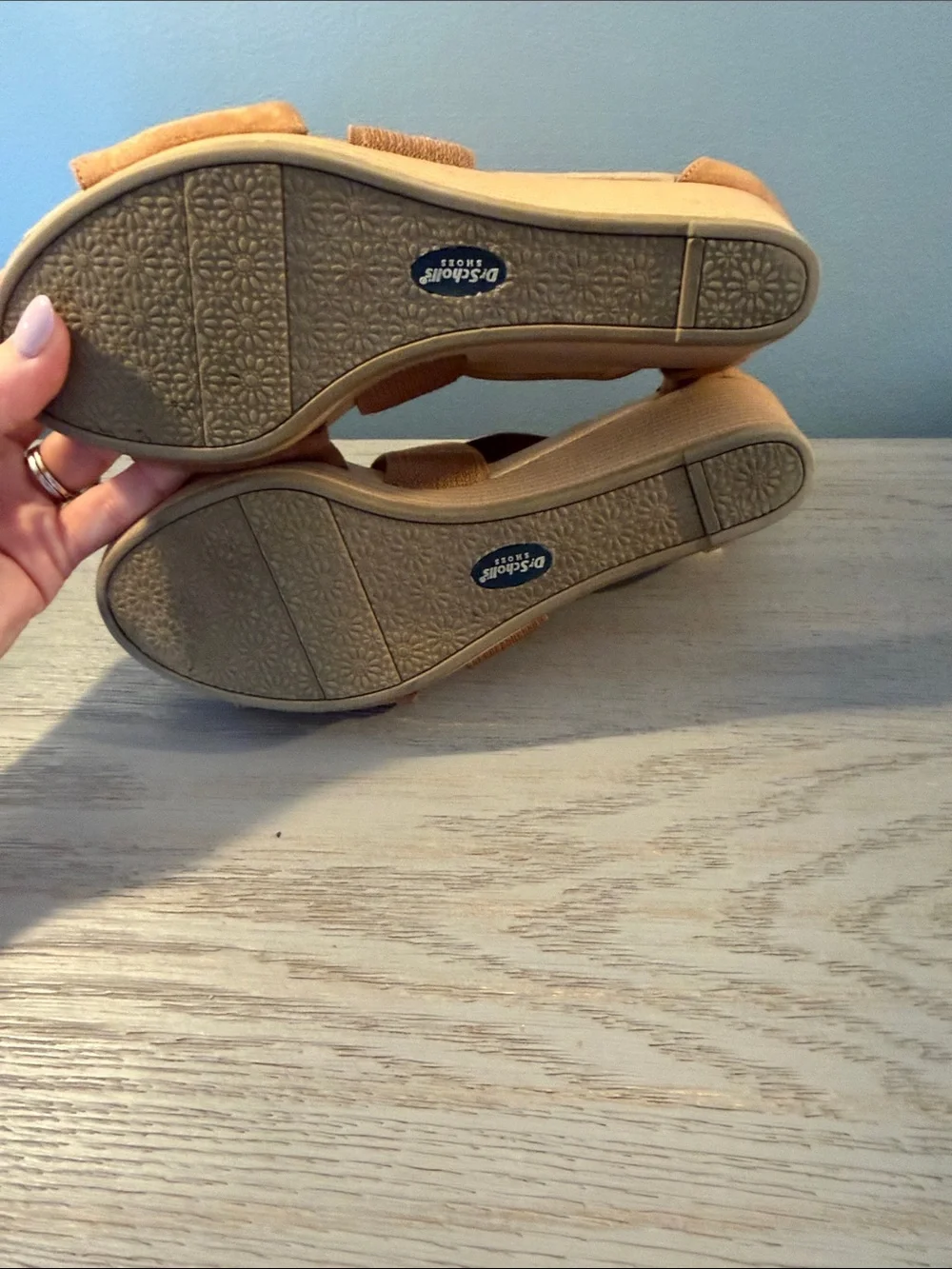Dr. Scholl's Tan Suede-Look Elastic Cross Strap Wedge Sandals